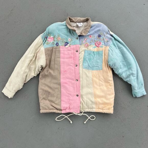 80s 90s pastel tie dye watercolor color block quilted jacket floral embroidery - Picture 2 of 7